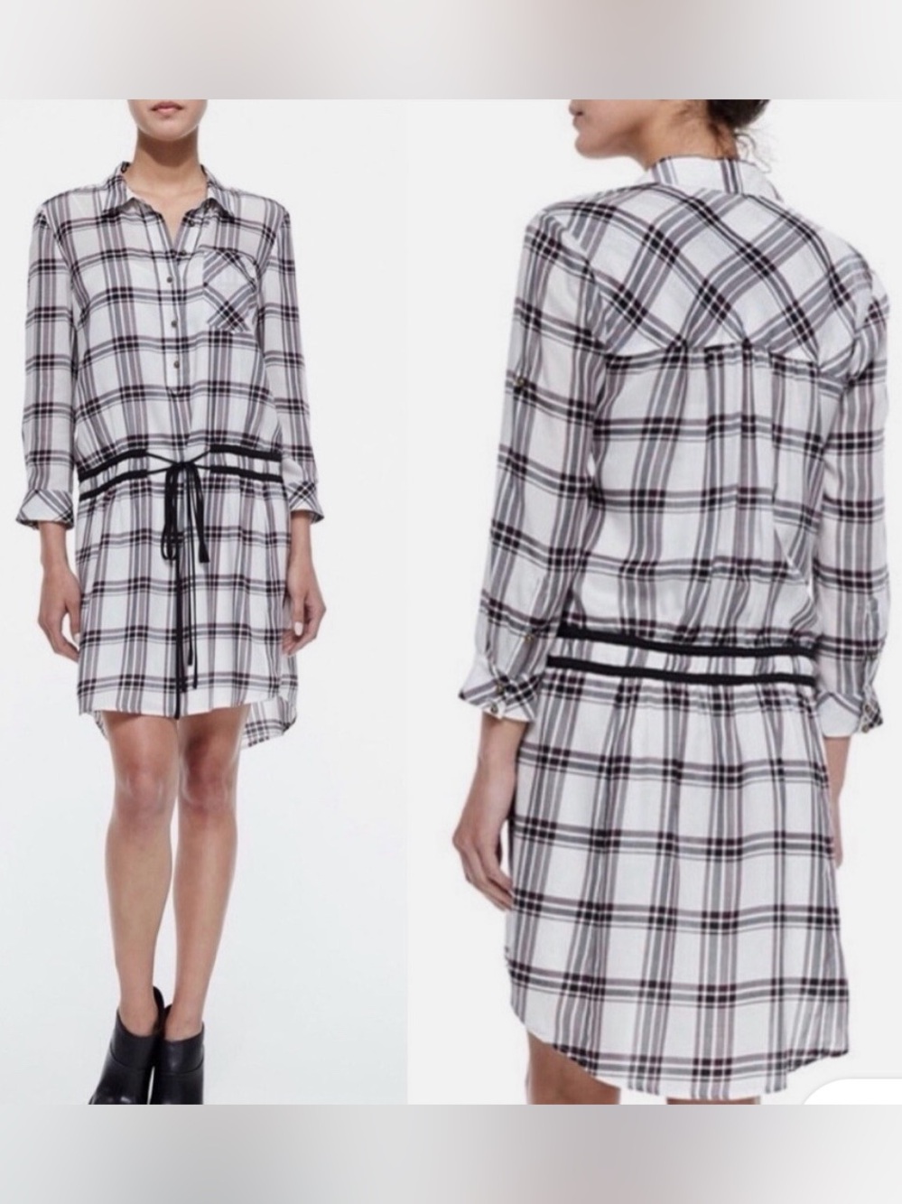 Veronica Beard Marcy Plaid Tie Waist Convertible Sleeve Shirt Dress